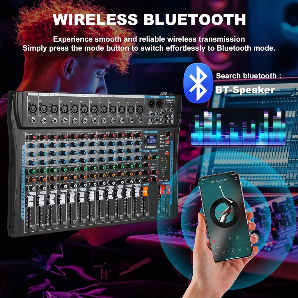 12 Channel Audio Interfacer Sound Board Mixer DJ Mixer 16-Bit DSP Effect USB Audio Mixer +48V Phantom Power Bluetooth