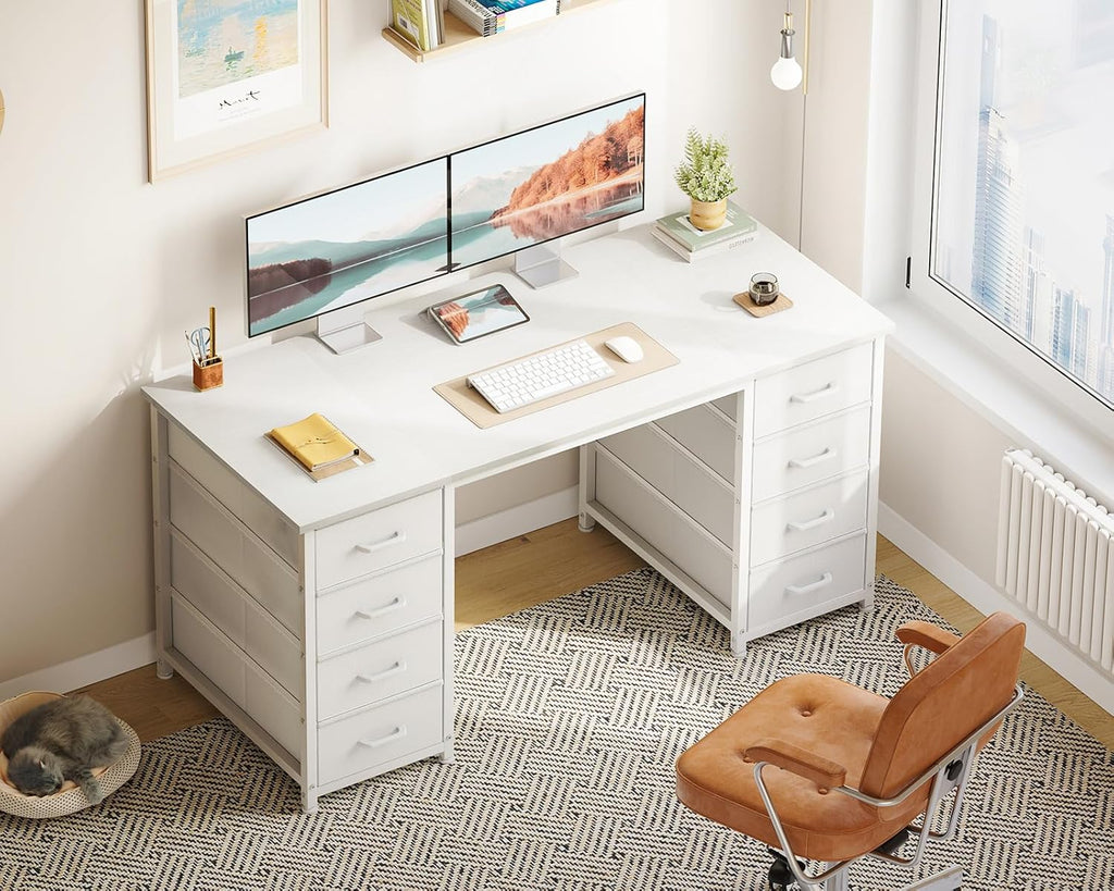 48 Inch White Computer Desk with 8 Fabric Drawers, Modern Office Desk with Large Storage for Home Office, Study
