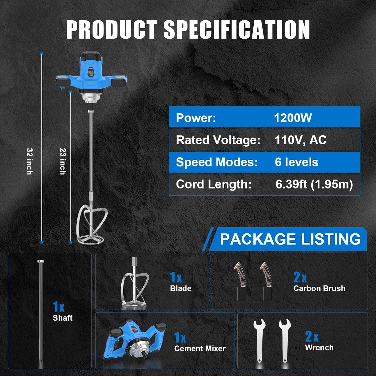 Cement Mixer Electric Concrete Mixer Machine 110V Handheld Mud Mixer with 6 Adjustable Speed for Mixing Concrete
