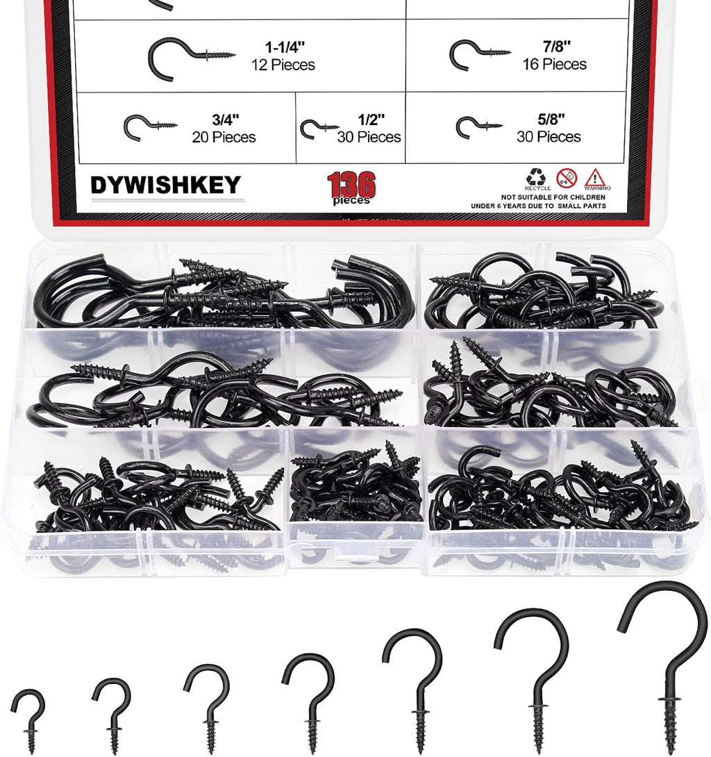 136PCS 7-Sizes Screw-In Hook Kit, Black Zinc Plated Cup Hooks for Home, Office & Workplace (1/2", 5/8", 3/4", 7/8"