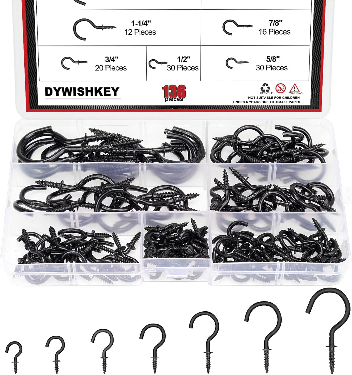 136PCS 7-Sizes Screw-In Hook Kit, Black Zinc Plated Cup Hooks for Home, Office & Workplace (1/2", 5/8", 3/4", 7/8"