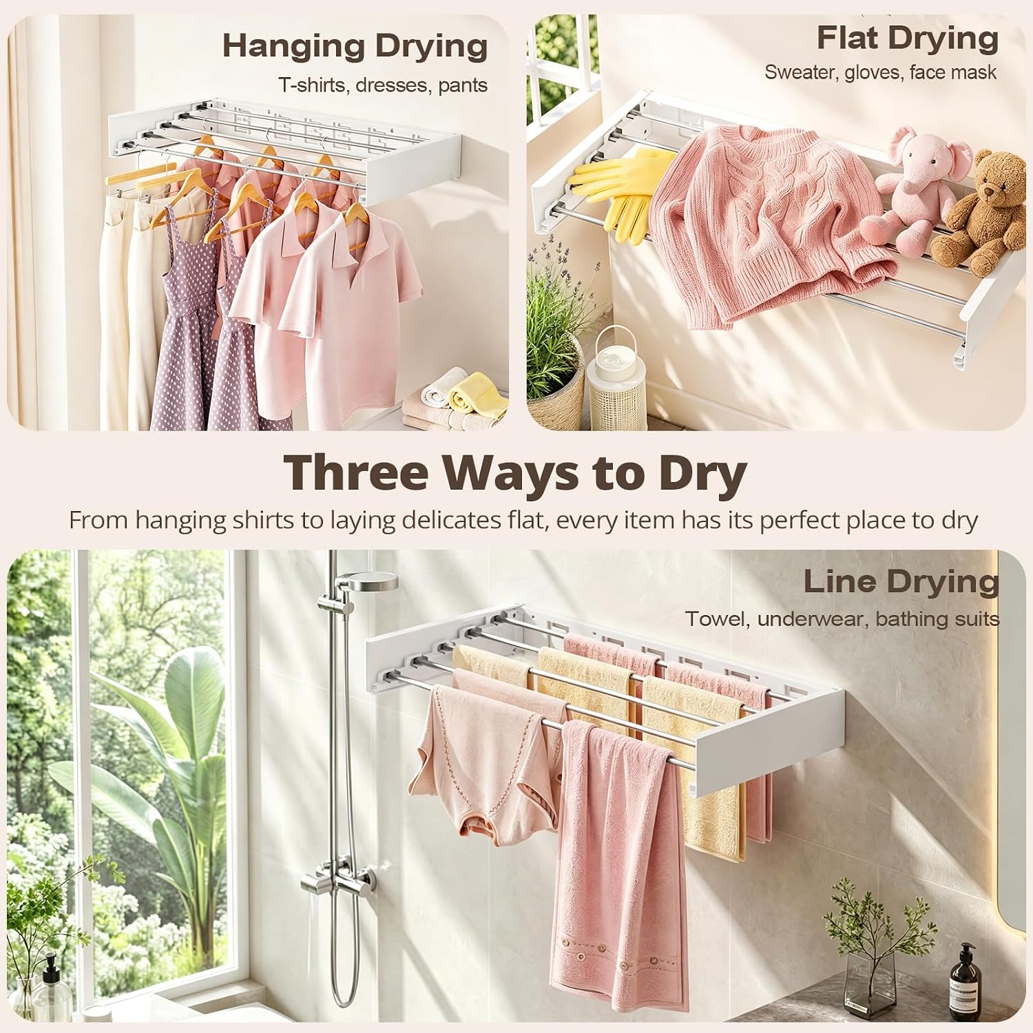 Wall Mounted Clothes Drying Rack Folding Indoor, Foldable Laundry Drying Rack Collapsible,Invisible, Space Saving