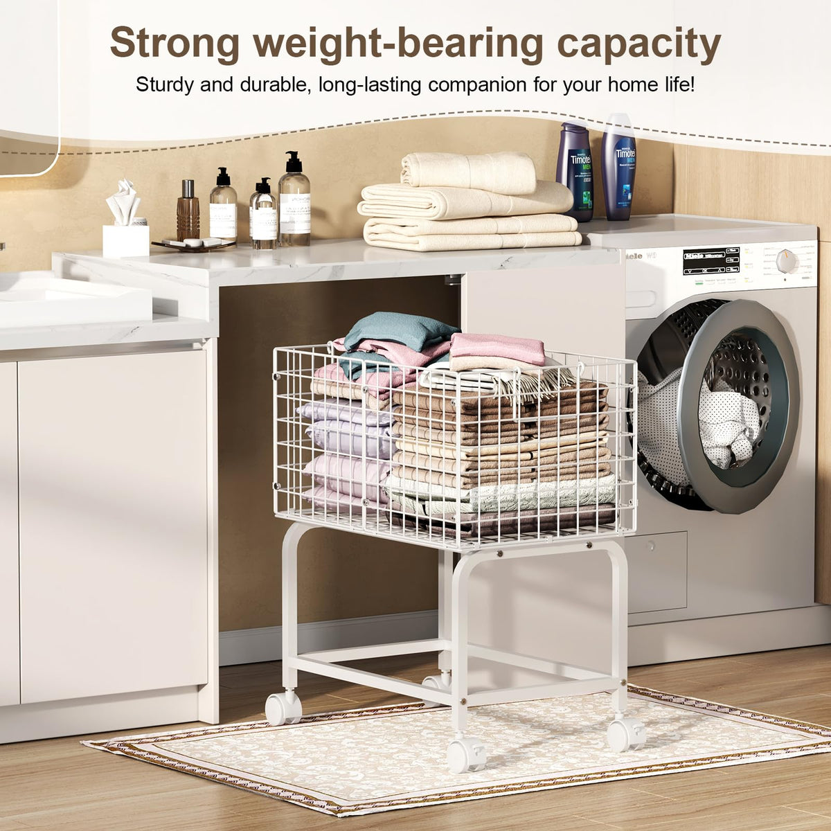 Laundry Basket with Wheels,80L Wire Rolling Laundry Basket with Pull Handle,White High Laundry Cart for Laundry