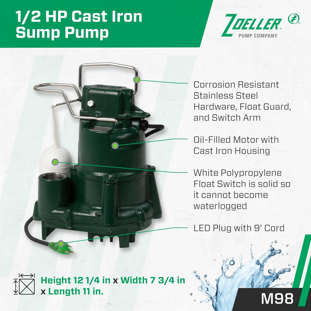 Zoeller M98 Flow-Mate Sump Pump - 1/2 HP - Cast Iron - LED Power Plug