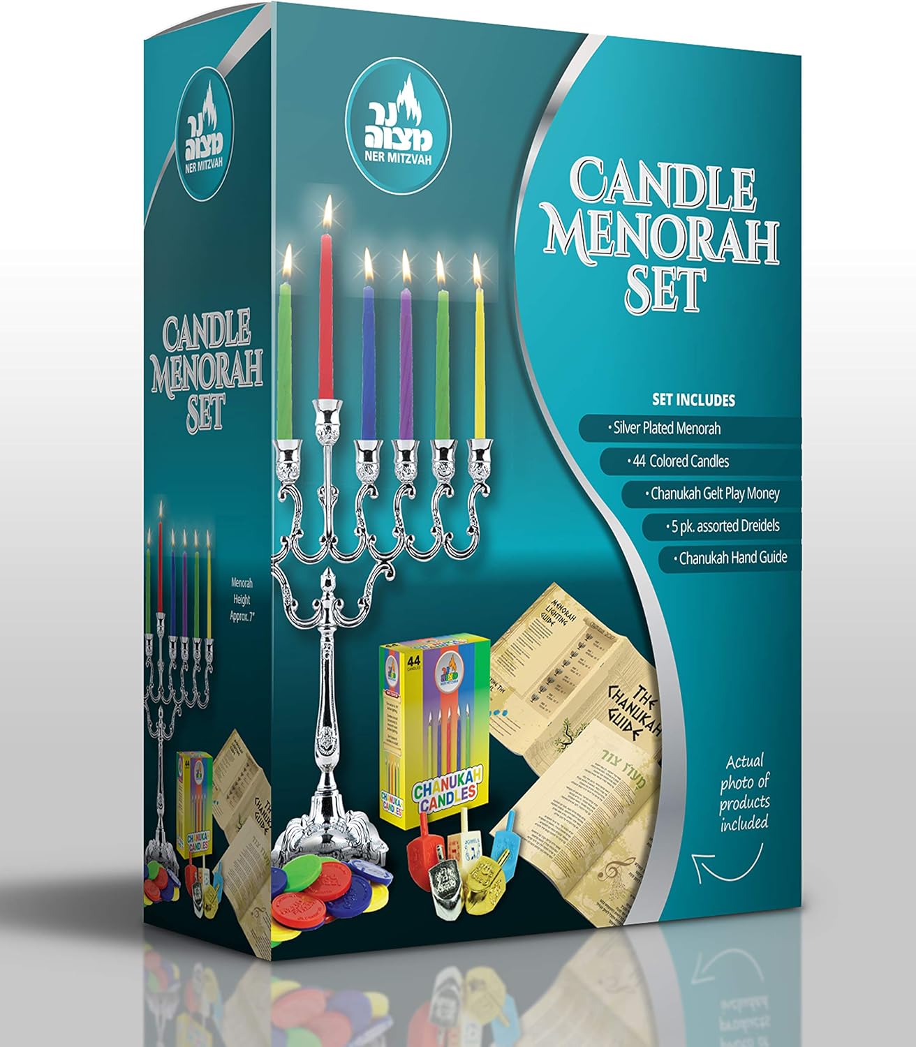 Hanukkah Menorah Candles Dreidels, Chanukah Guide Complete Set - Metal, Standard Version