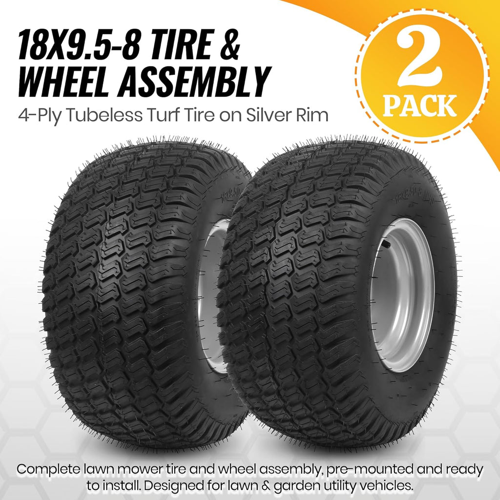 2-Pack 18x9.5-8 Lawn Mower Tire and Wheel Assembly, 4-Ply Tubeless Turf Tires on Silver Rim, 4 Lug 4" Bolt Pattern