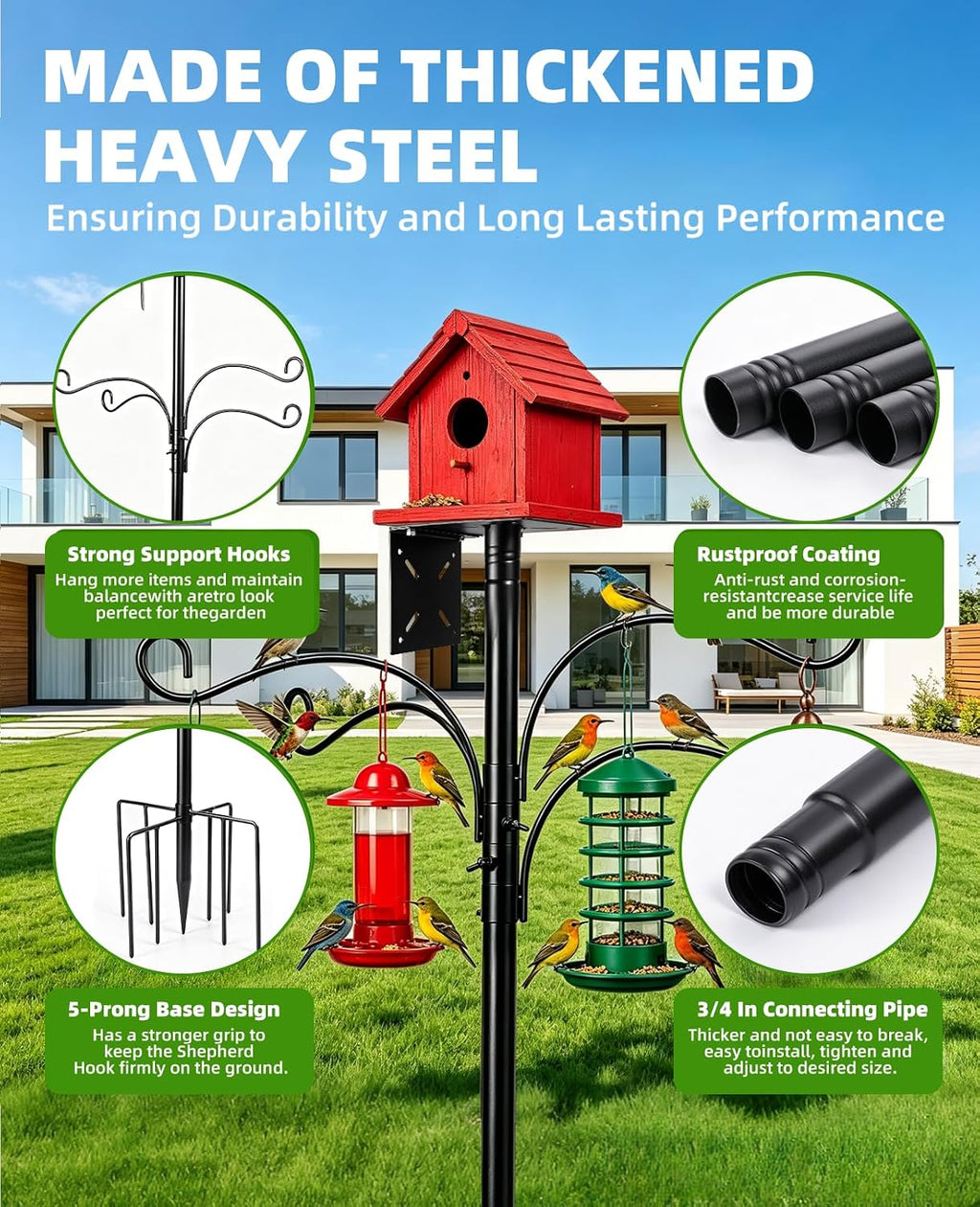 Bird Feeder Pole - 92 Inch Heavy Duty Birdhouse Stand with Squirrel Proof Baffle for Outdoor, Adjustable Bird Feeding
