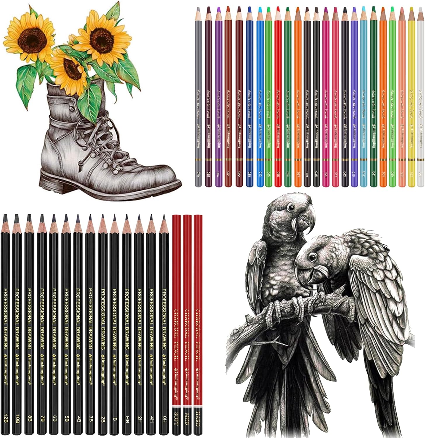 Sketching Drawing Art Pencil Kit-50 Piece Set with 24 Color Pencils for Coloring Books, 14 Graphite 3 Charcoal