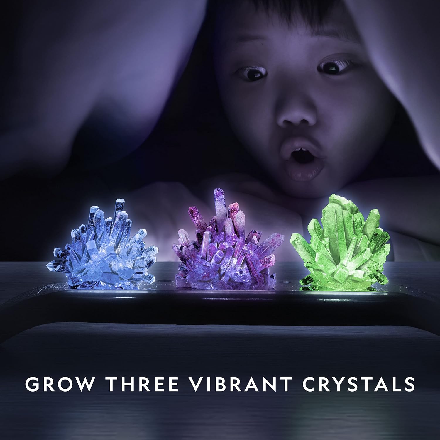 National Geographic Crystal Growing Kit with 3 Crystals for Kids Ages 8-12 | Grow 3 Vibrant Crystals, Light-Up Night