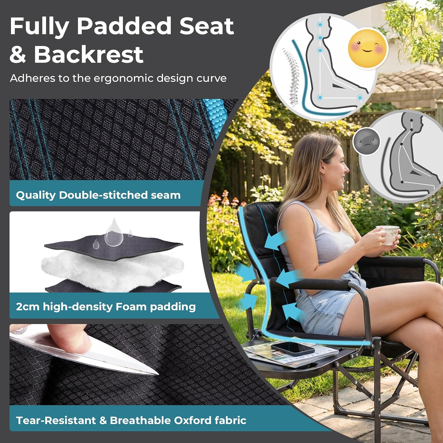 Oversized Folding Chairs for Outside, Fully Padded Camping Director Chair for Adults, Support 450lbs Portable lawn