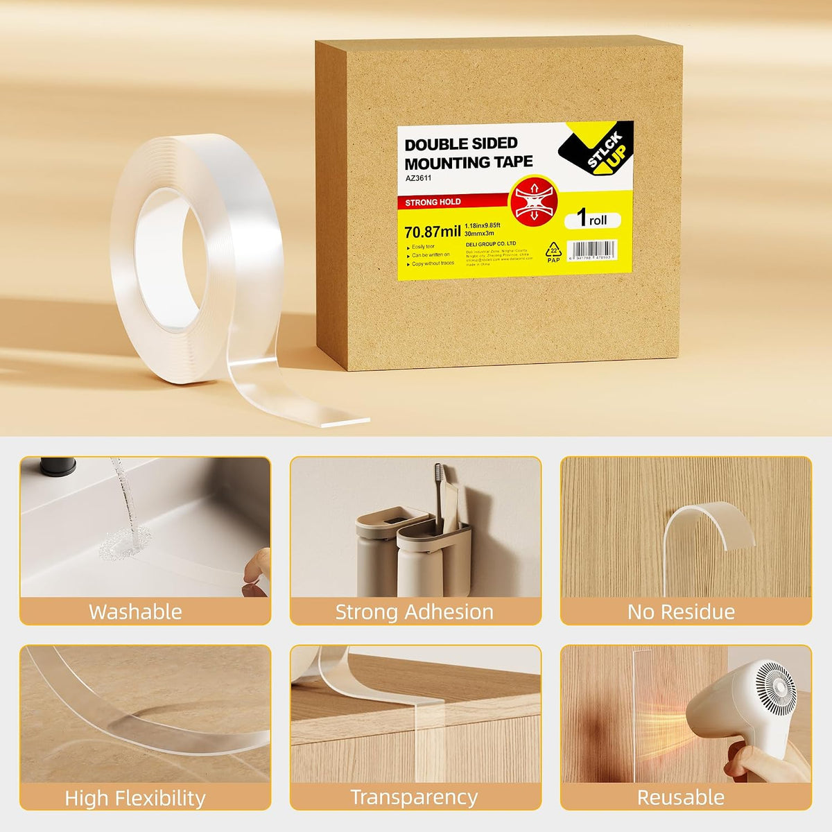 3m Double Sided Tape Heavy Duty, Strong Nano Tape, Sticky Waterproof Mounting Tape, Clear Tape Adhesive Strips for