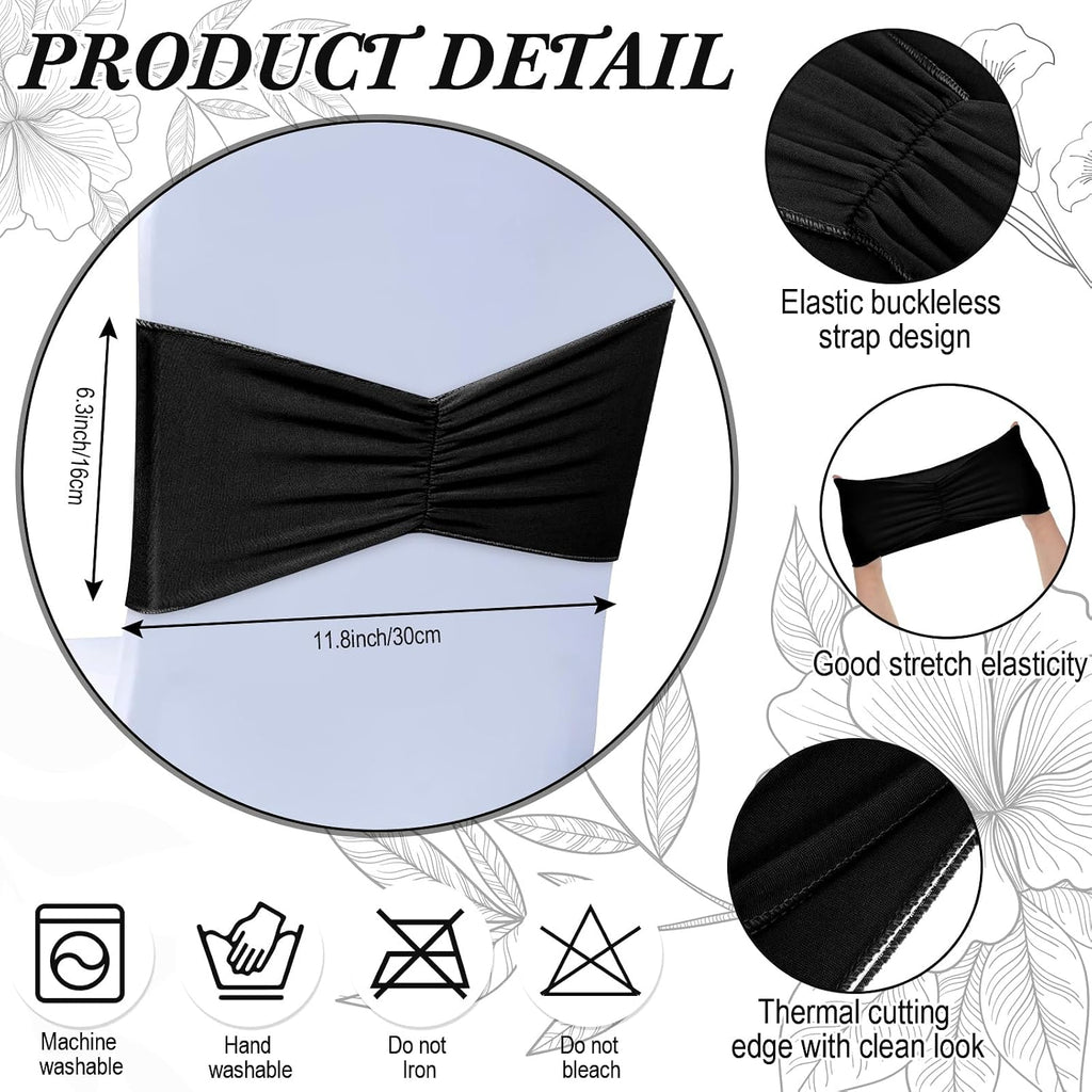 50 Pcs Spandex Chair Sashes Bows Stretch Chair Bands, Black