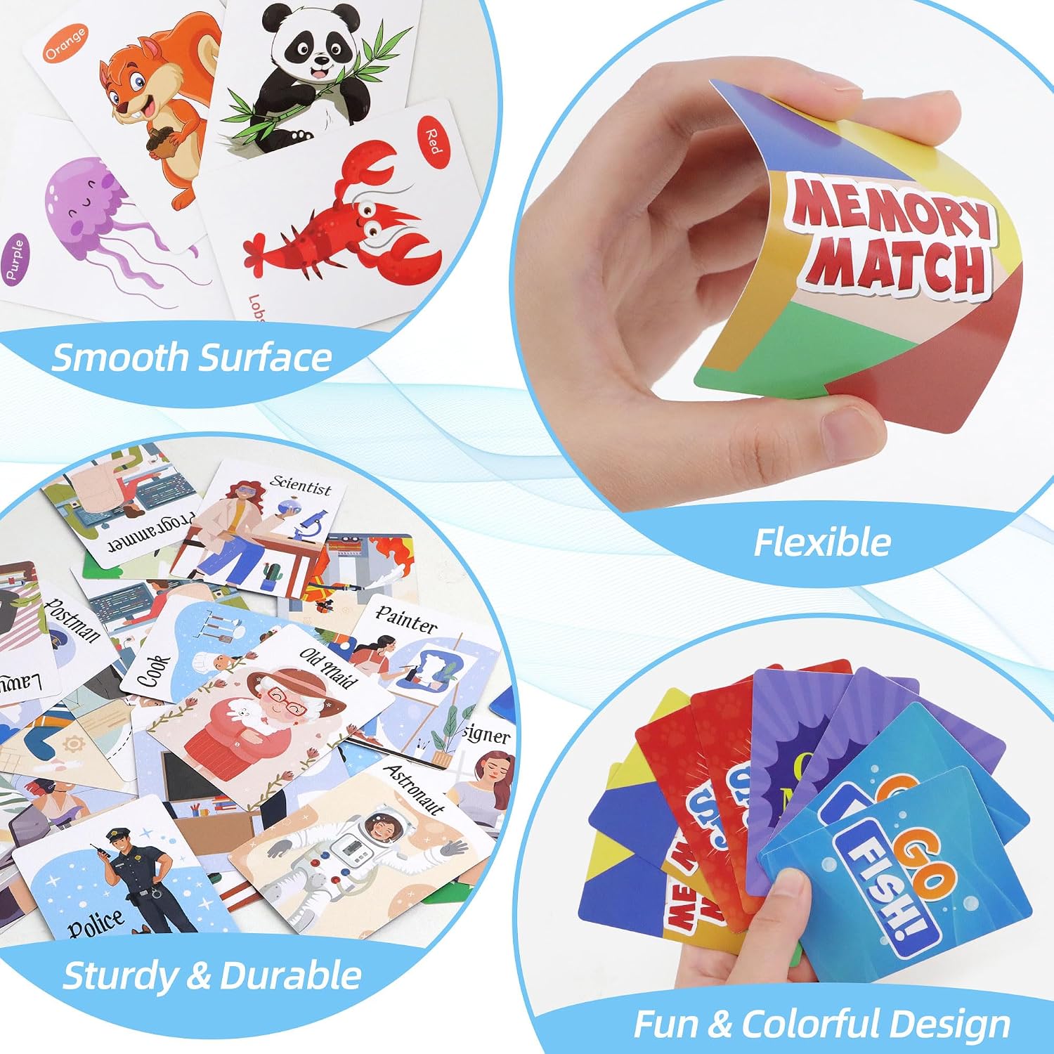 Card Games Go Fish,Old Maid,Slap Jack and Memory Match-4 Decks in 1 Pack,Classic Card Games for Kids Toddlers,Fun