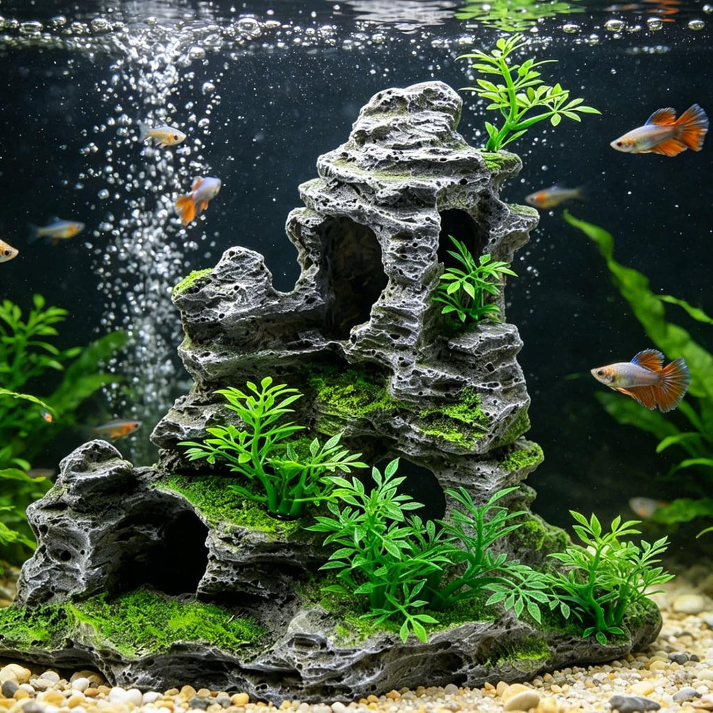 Aquarium Mountain View Stone Ornament, Artificial Mountain Hill View Stone Rock Cave Aquarium Decorations Fish Tank
