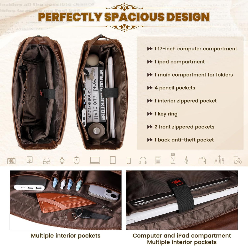 Mens Messenger Bag 17 Inch Waterproof Vintage Leather Laptop Briefcase Large Computer Laptop Bag Satchel Bag Retro