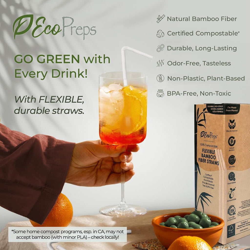 Flexible Biodegradable Disposable Bamboo Fiber Straws, 120 Count