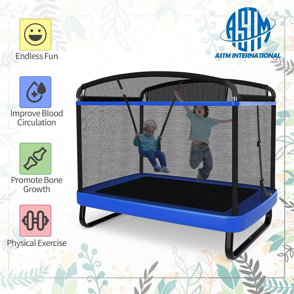 6 FT Trampoline for Kids with Swing, Toddler Trampolines with Safety Enclosure Net, ASTM Approved, Rectangle Indoor &