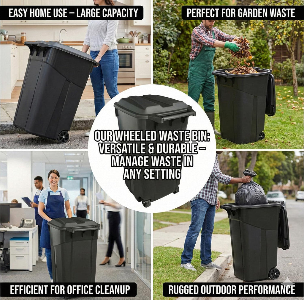 Outdoor Trash Can with Lid & Wheels, 45 Gallon Large Garbage Can for Garage & Patio, Heavy Duty Lockable Lid, Rugged