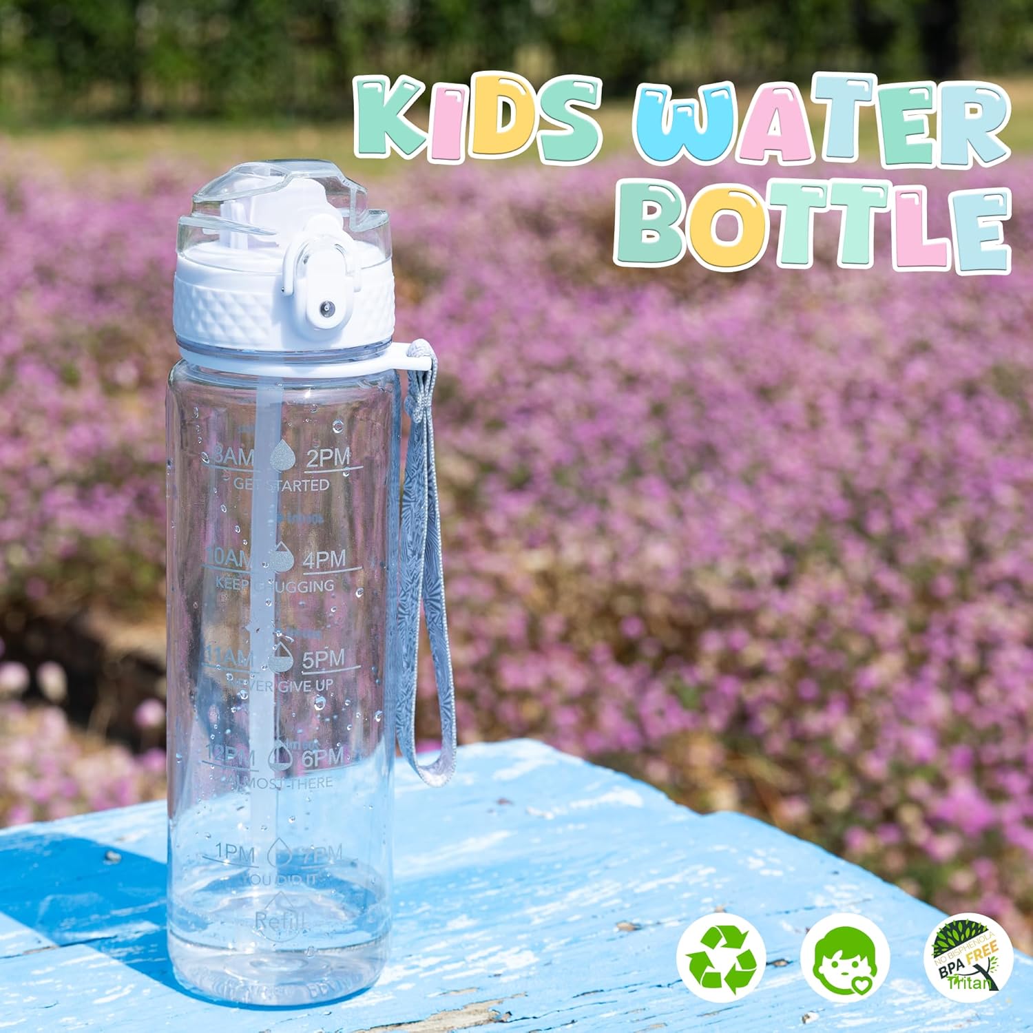 17oz Kids Water Bottle, Tritan BPA-Free, Leakproof Flip Straw Lid, Motivational Time Marker, Carry Strap, Reusable