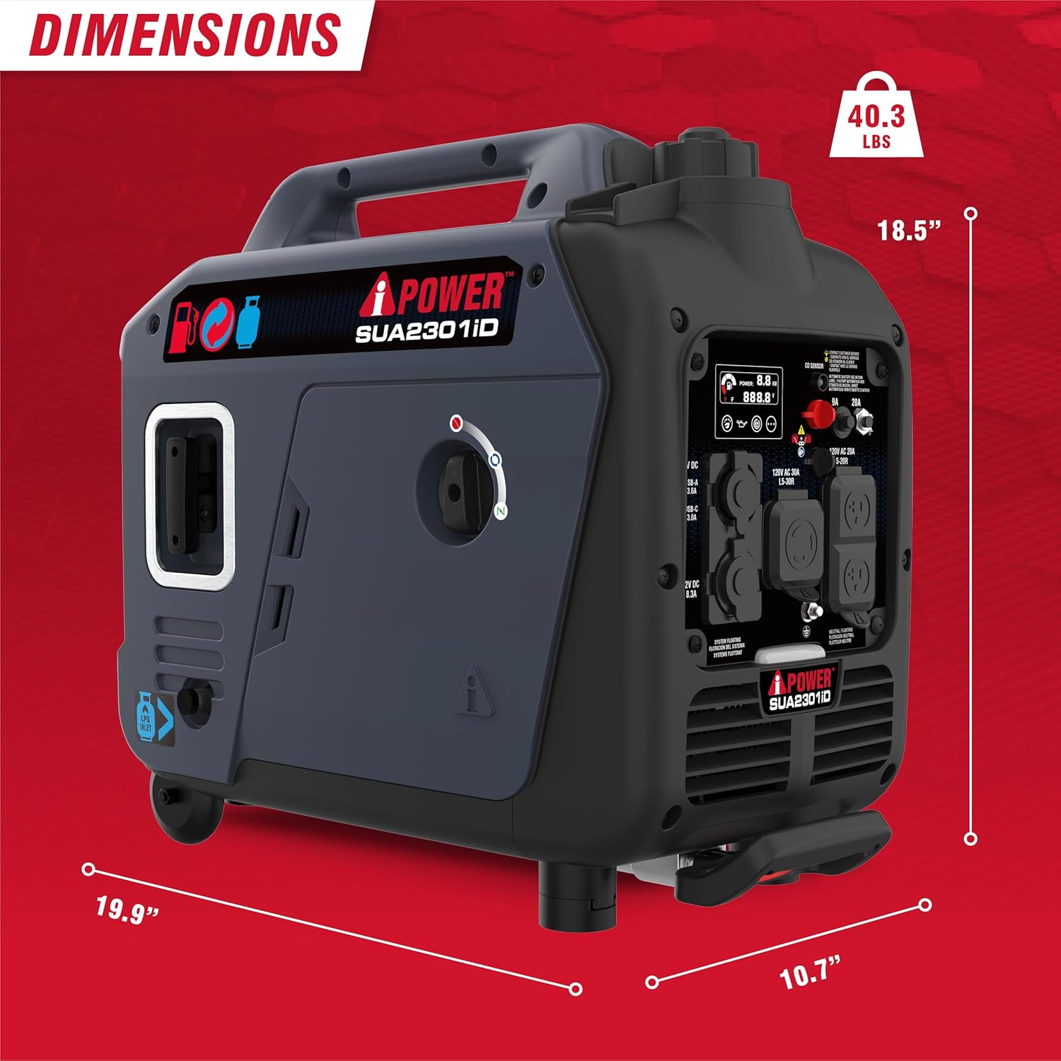 2300-Watt Portable Inverter Generator Dual Fuel, RV Ready, CARB Compliant CO Sensor, Light Weight With Telescopic
