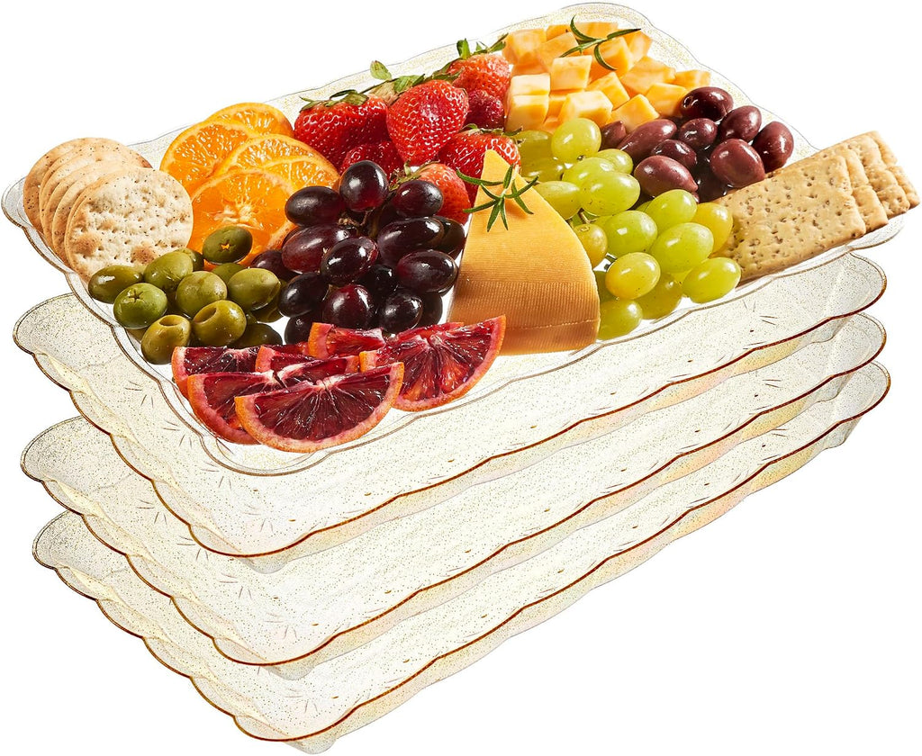 Plastic Serving Trays - Serving Platters Rectangle 9X13 Disposable Gold Glitter Party Dish Includes 4 Trays
