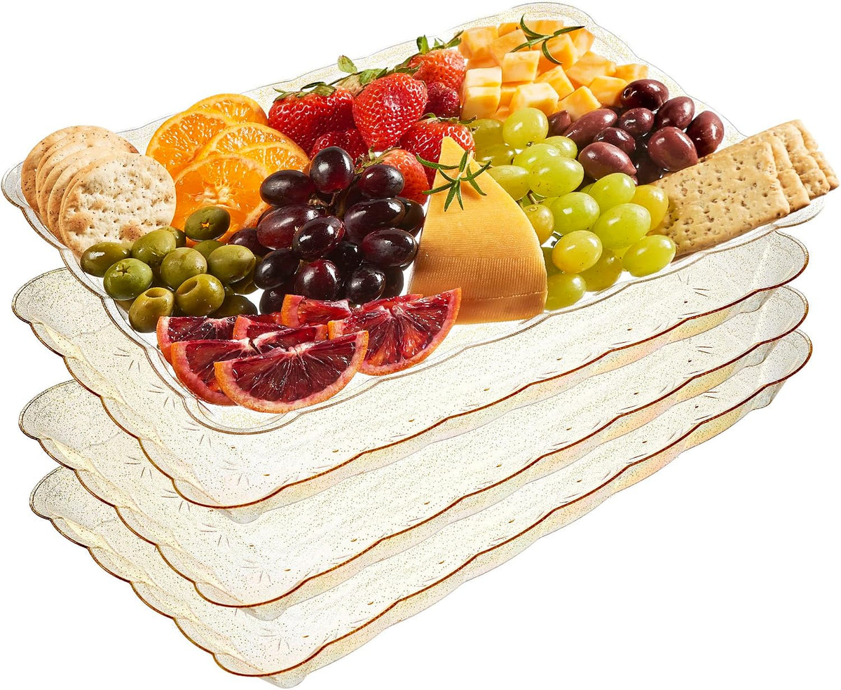 Plastic Serving Trays - Serving Platters Rectangle 9X13 Disposable Gold Glitter Party Dish Includes 4 Trays