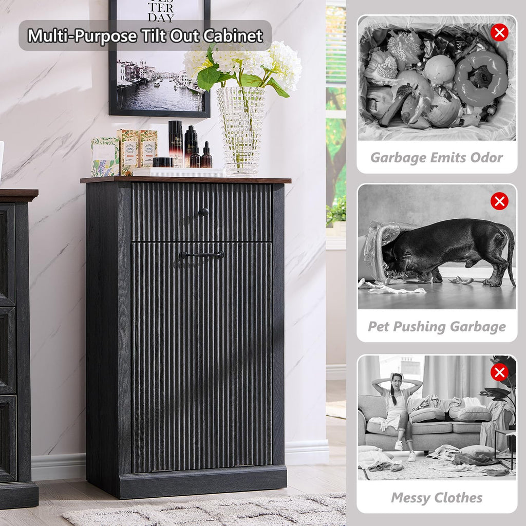Tilt-Out Trash Can Cabinet, Fluted Laundry Hamper Cabinet, Dark Gray