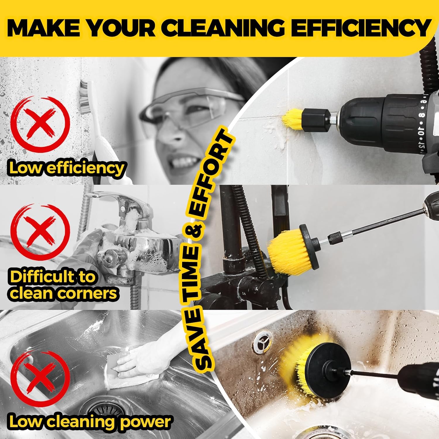 8 Piece Drill Brush Attachments Set, Power Scrubber with Extend Long Attachment，Cleaning Supplies for Bathtub