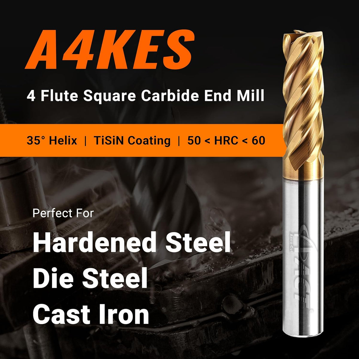 ACCUCUT A4KES 4mm Carbide Square End Mill- 4 Flute Milling Bit for Steel, Die or Hardened Steel, Cast Iron, Copper, Alloys & Materials 50 < HRC < 60 - TiSiN Coating CNC Router Bit, 35 Degree Helix