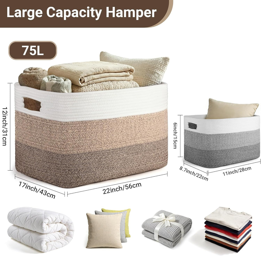 75L Large Woven Storage Basket, Cotton Rope Laundry Hamper with Handles, 22”x17”x12” Rectangle Blanket Basket for