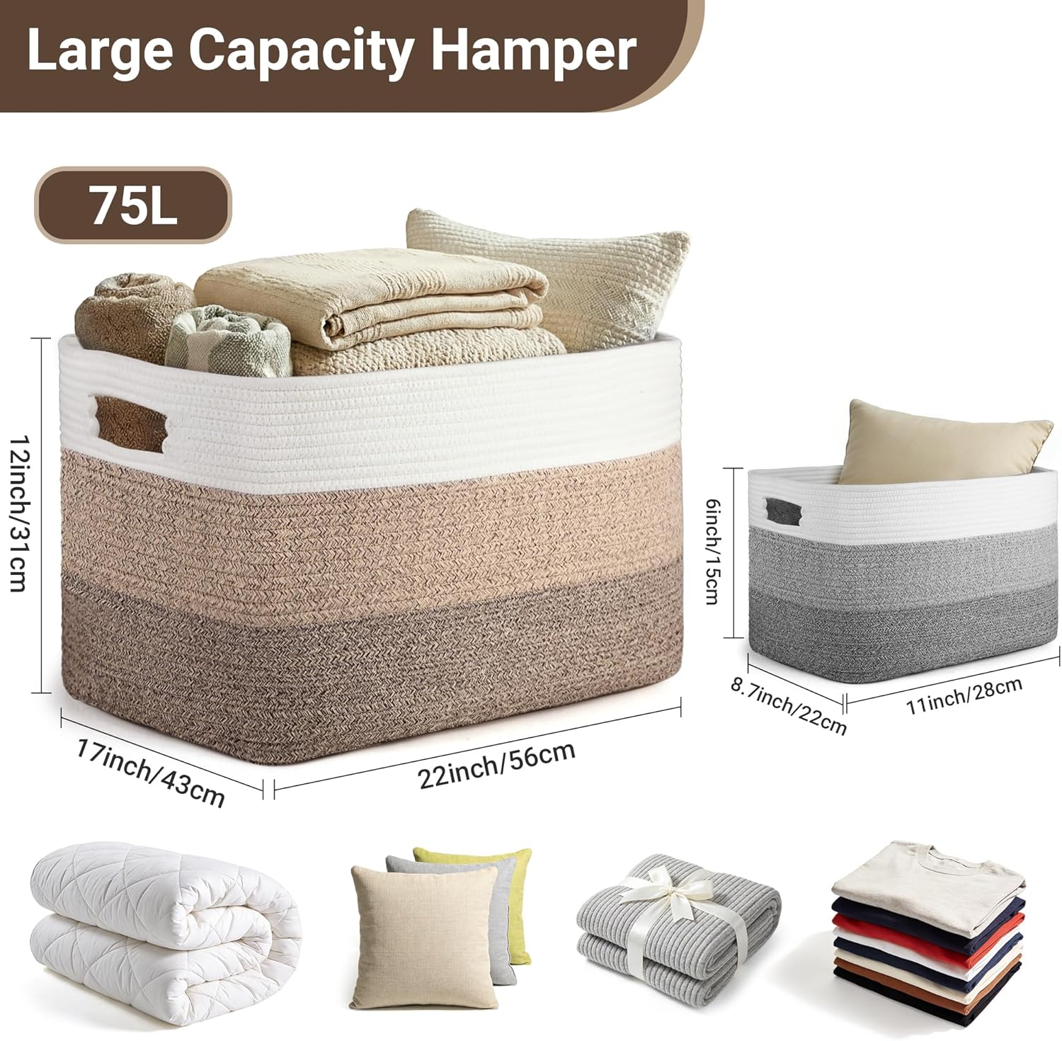 75L Large Woven Storage Basket, Cotton Rope Laundry Hamper with Handles, 22”x17”x12” Rectangle Blanket Basket for