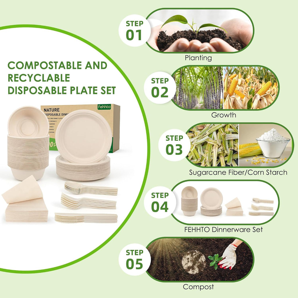 Disposable Paper Plates Set 300PCS Compostable Sugarcane Plates, Bowls
