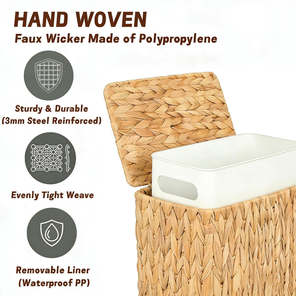 Wicker Trash Can,2.5 Gallon Bathroom Trash Can with Lid,Natural Water Hyacinth Wicker Waste Basket with Removable Liner