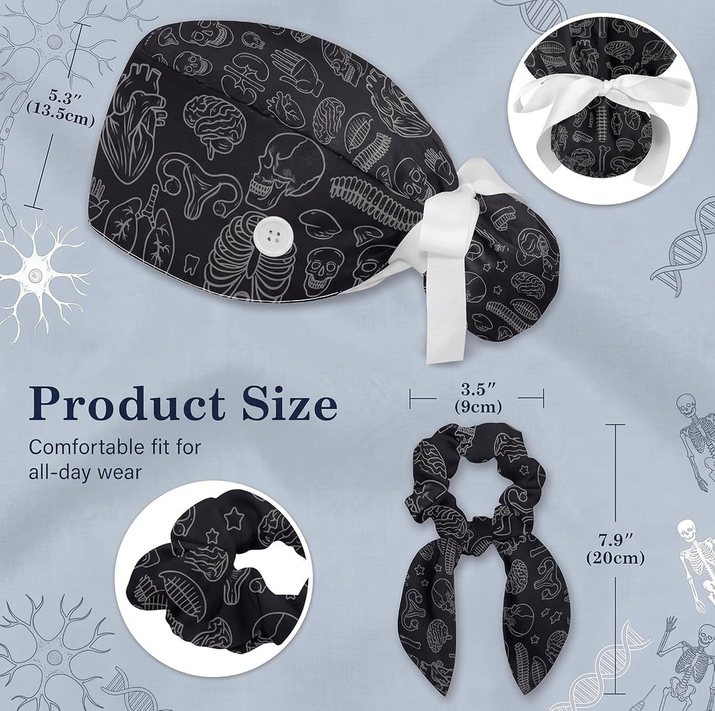 Scrub Caps Women Anatomy Nurse Hats Ponytail Tie Back