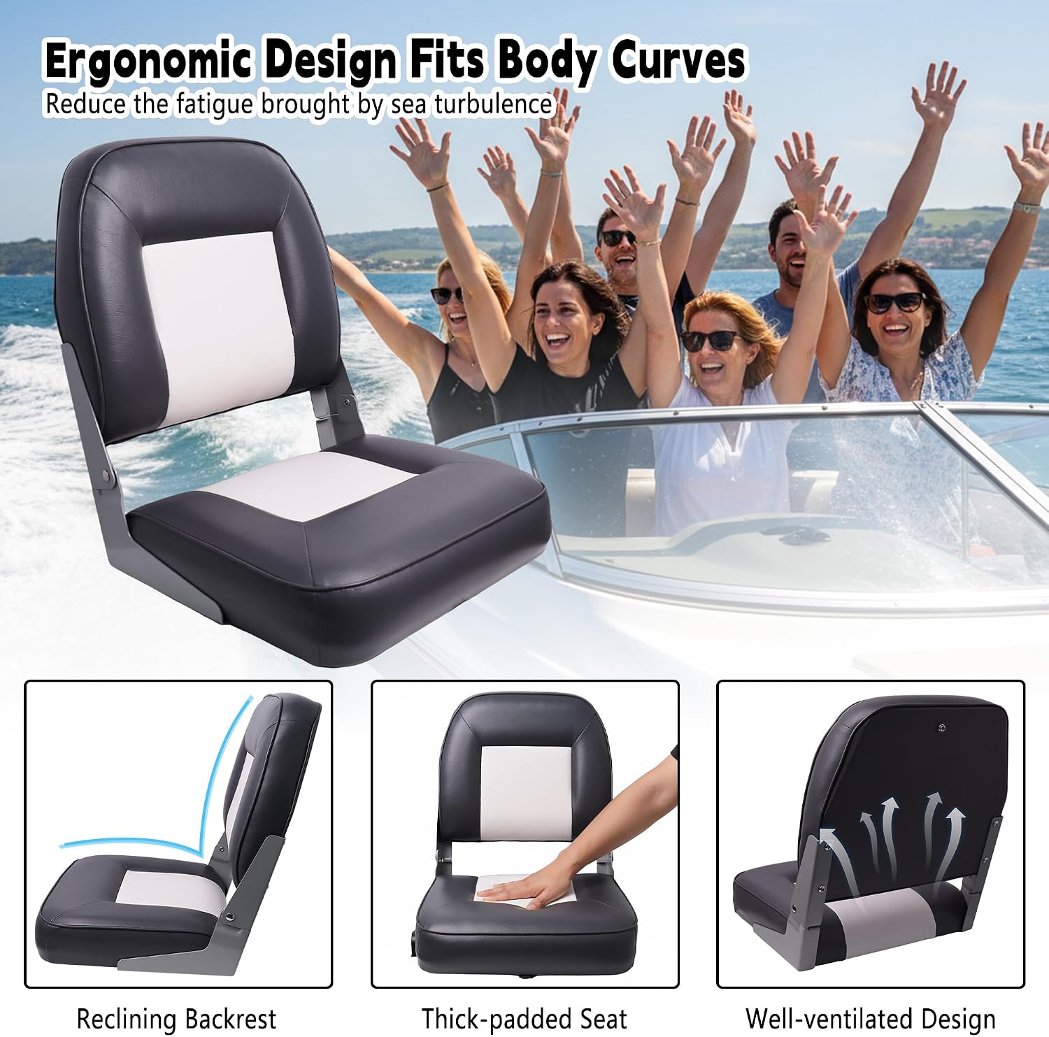 Classic Low Back Folding Fishing Boat Seat 2 Pack, White/Charcoal | Marine Boat Captain Chairs With Thick Cushion