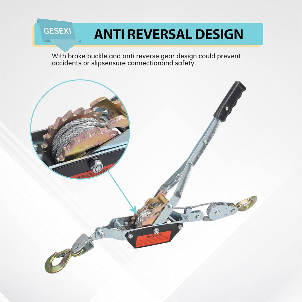 2 Ton Dual Gear Power Puller, Come Along Pulling Tool with 2 Hooks | Automotive Hoist Hand Winch Cable Puller