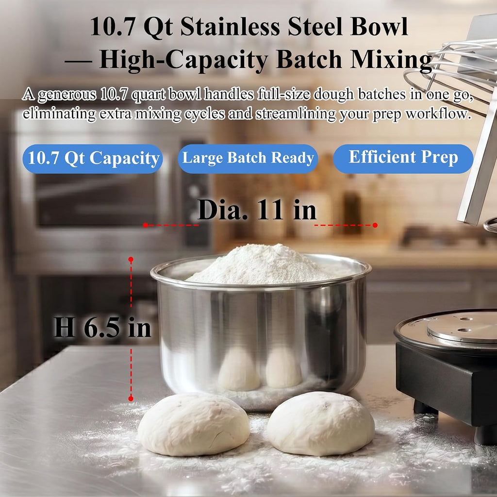 10.7 Qt Commercial Spiral Dough Mixer, Heavy Duty Dough Kneader