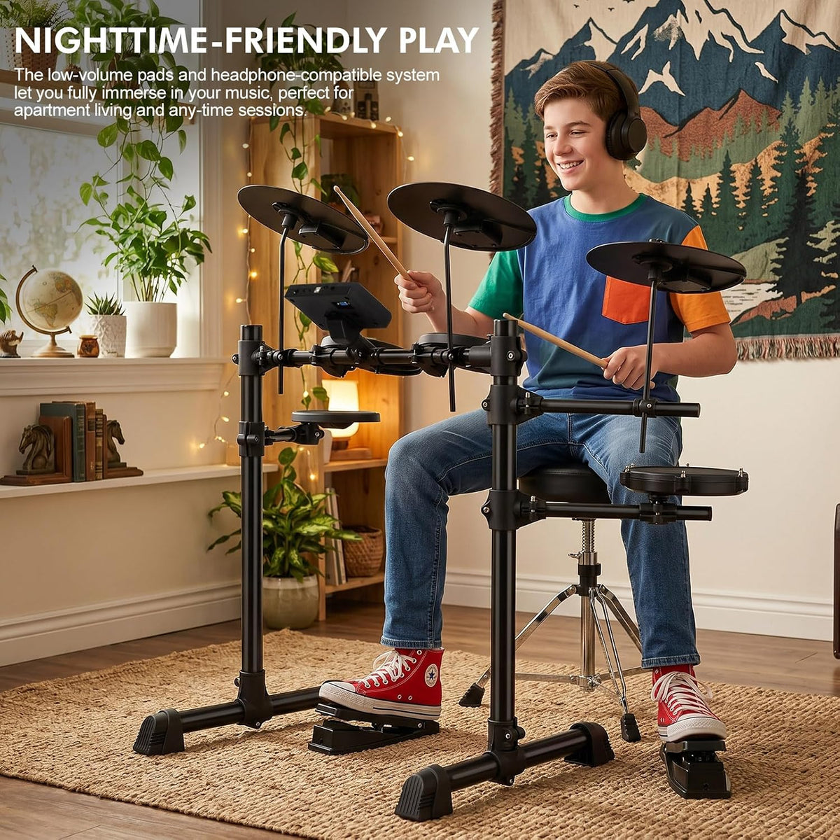 Electric Drum Set for Beginners, All in One, Quiet Mesh Snare Pad Electronic Drum Kit, Silent Drum Pads, 3 Cymbals, 2