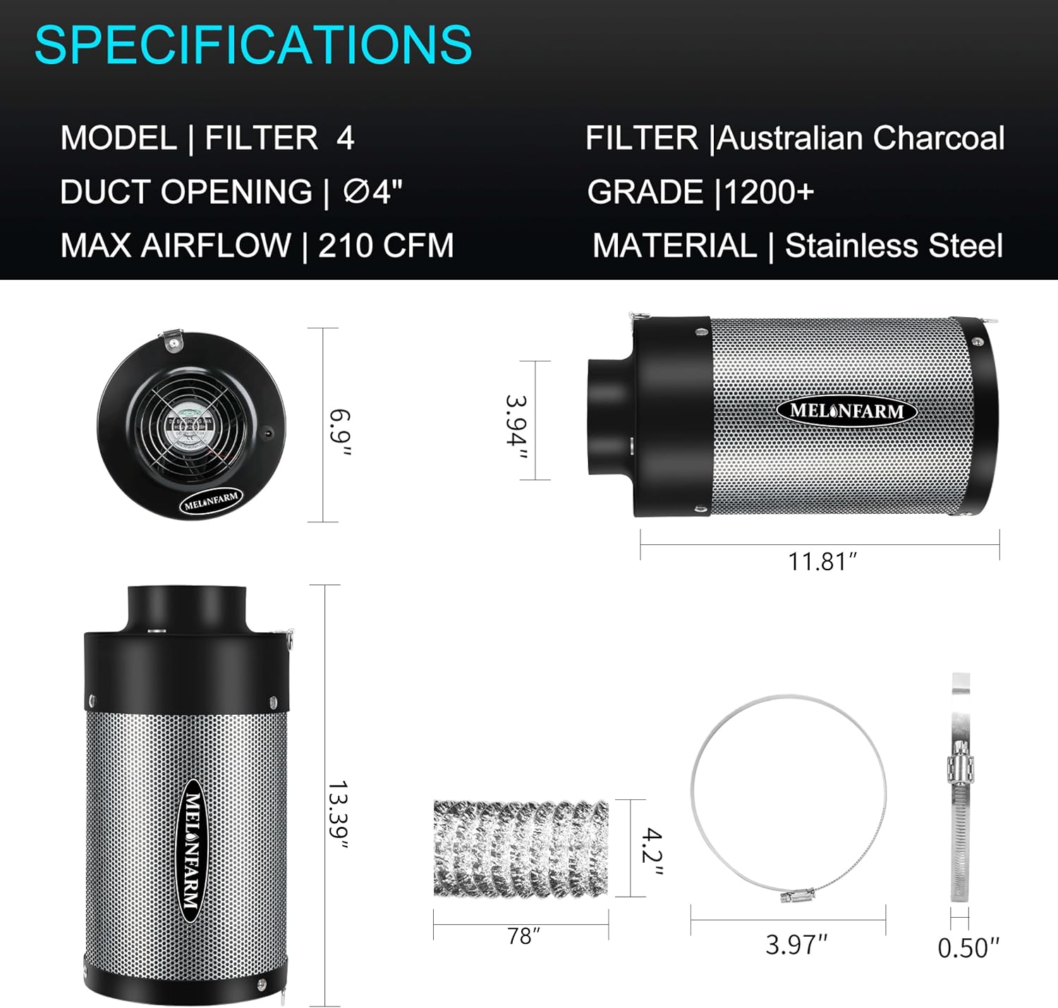 Air Filtration Kit 4", Built-in 14cm Fan Low Nois Carbon Filter with 12-Speed Controller, 8' Ducting, Cooling &