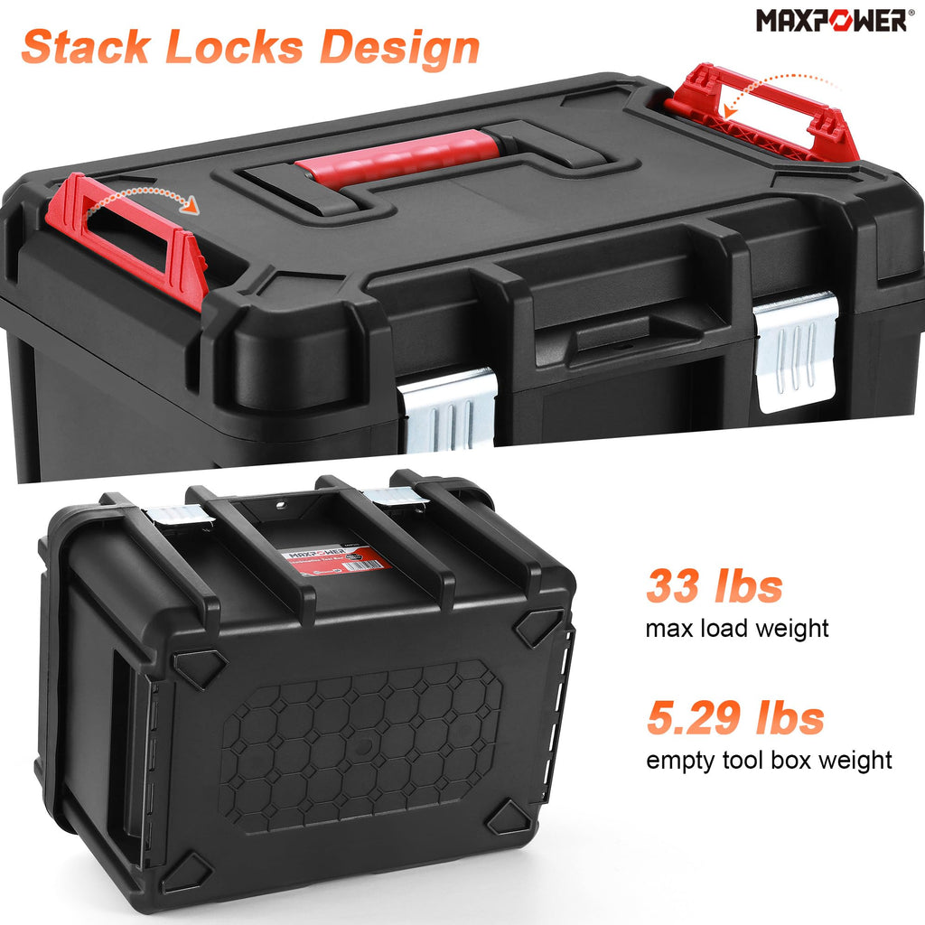 16-inch Stackable Tool Box, 10" H, Metal Latches, Removable Tray