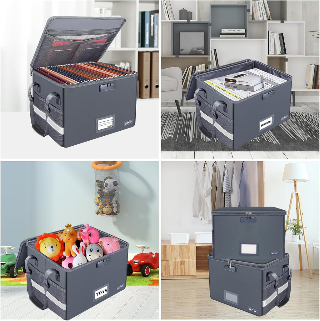 File Box with Lock, Fireproof Document Box with Zipper Lid, Collapsible File Organizer Storage Filing Cabinet with