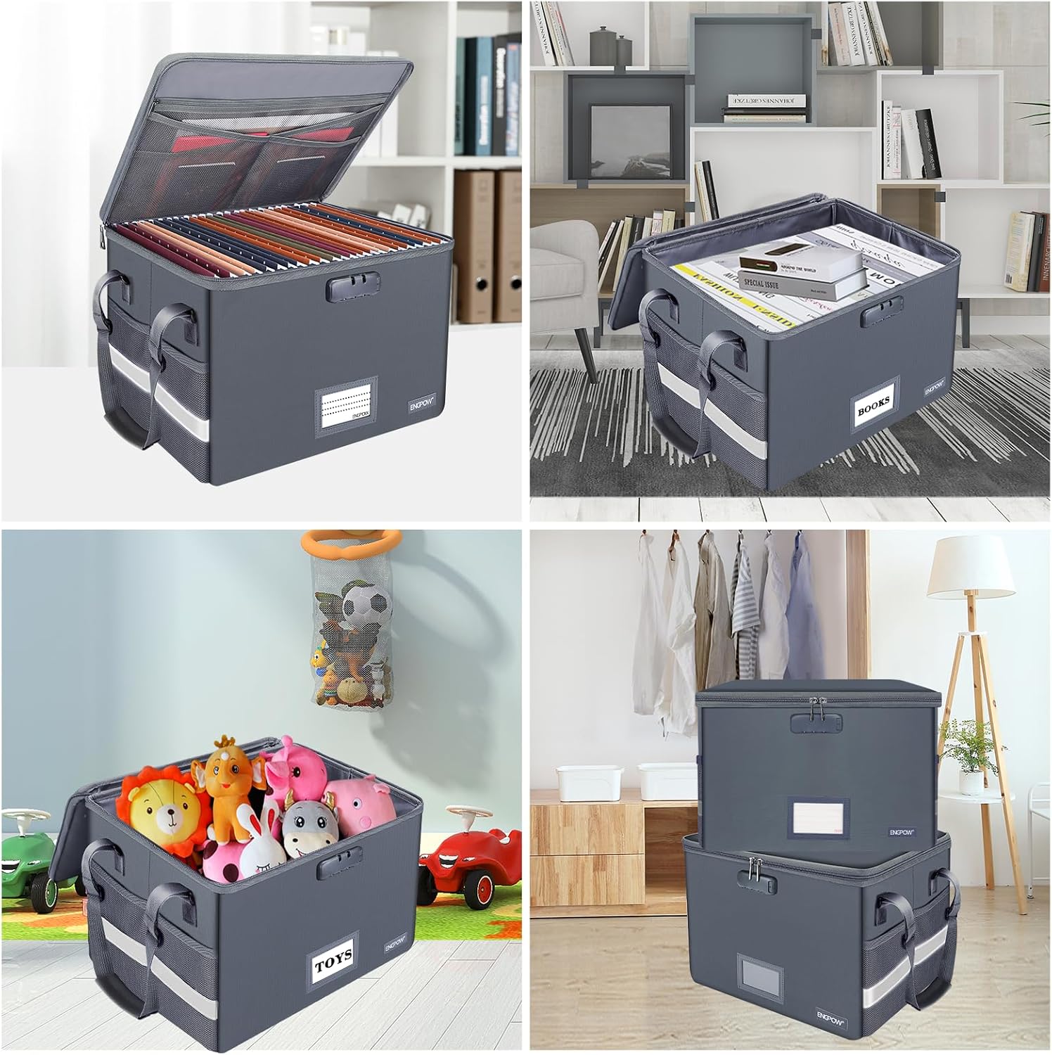 File Box with Lock, Fireproof Document Box with Zipper Lid, Collapsible File Organizer Storage Filing Cabinet with