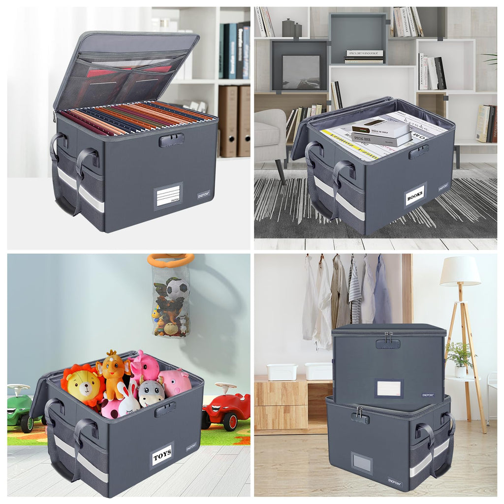 File Box with Lock, Fireproof Document Box with Pockets, Collapsible File Organizer Filing Storage Cabinet with