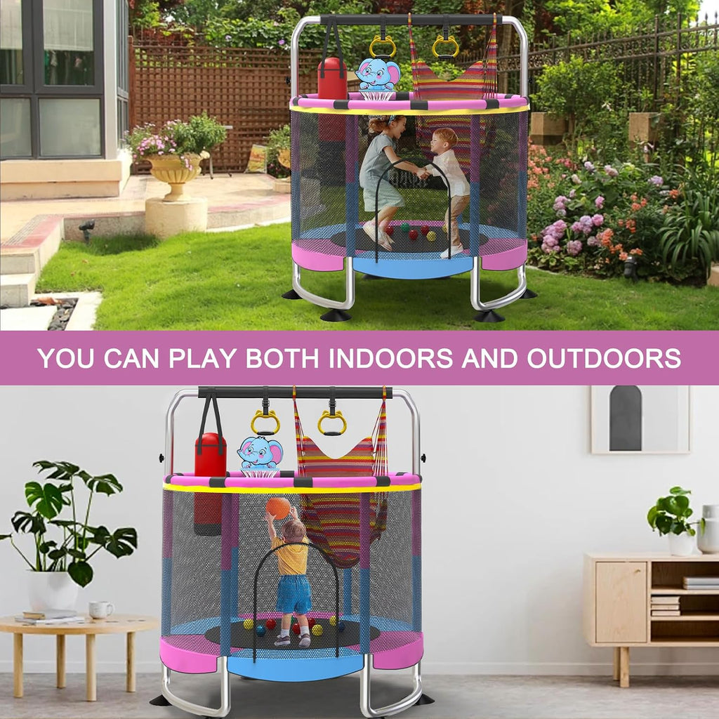 60" Toddler Trampoline, Indoor Trampoline for Kids with Safety Enclosure, 440LBS Support, Adjustable Gymnastics Bar &