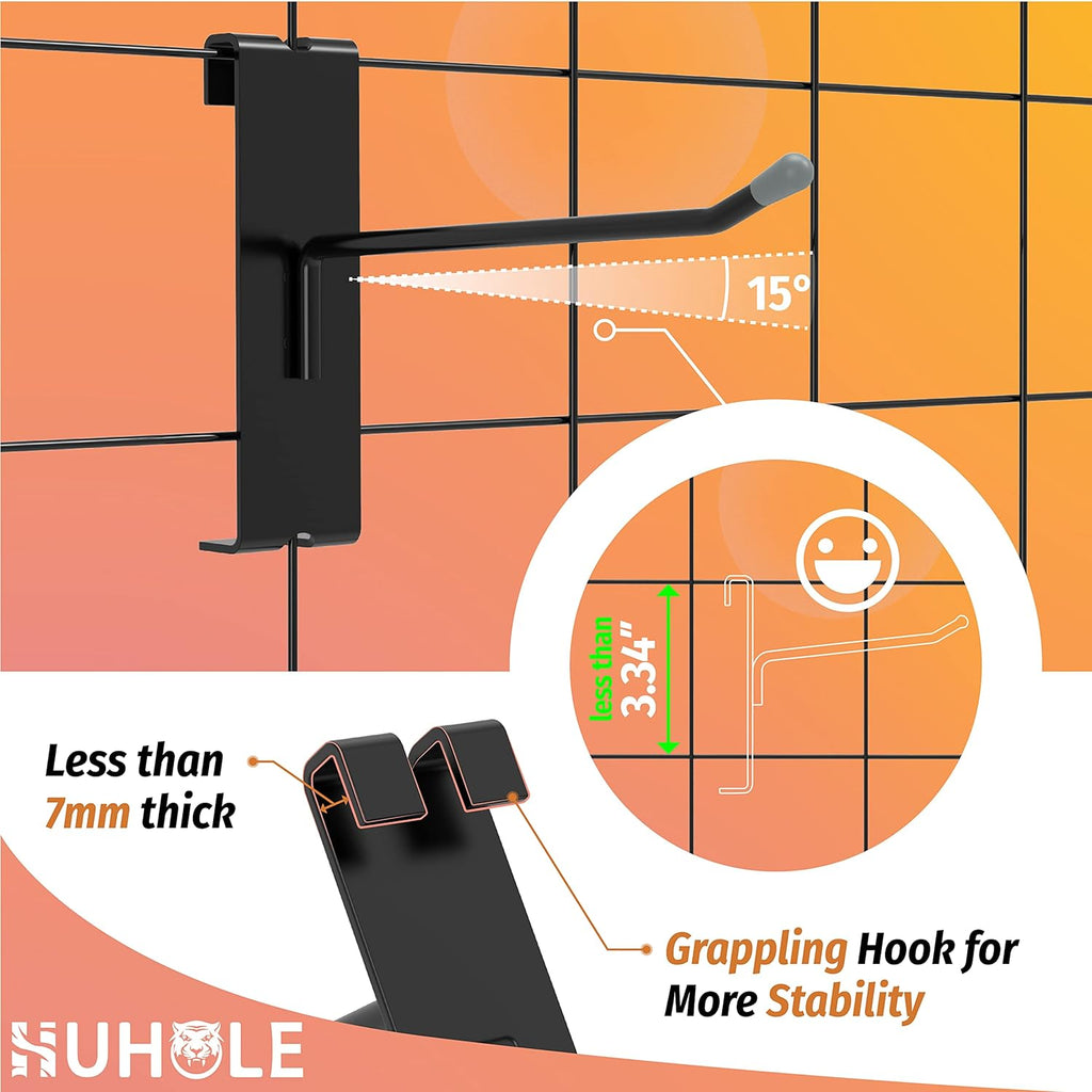 50 Pack 2 Inch Black Gridwall Hooks Metal Display Hangers | Fits 3 x 3 Inch Wire Grid Panels, 20 lb Capacity Hooks