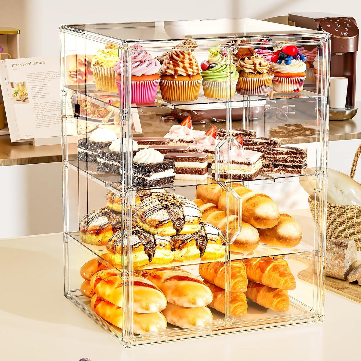 Acrylic Pastry Display Case 4 Tier Bread Box for Kitchen Countertop