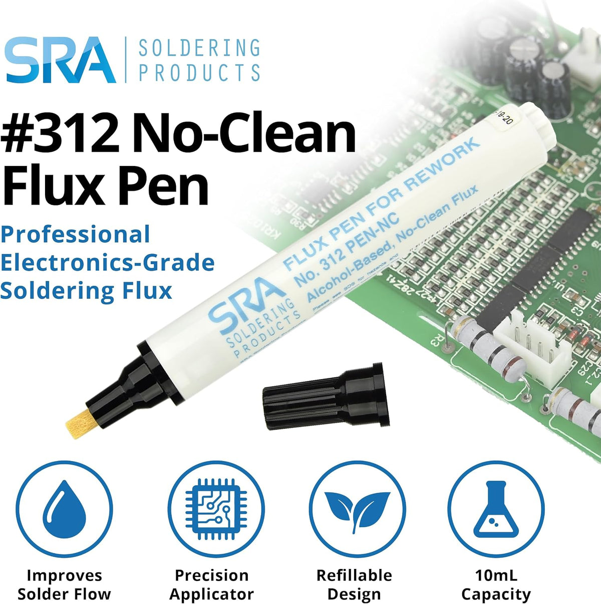 SRA #312 Soldering Flux Pen Low-Solids, No-Clean 10ml - Refillable