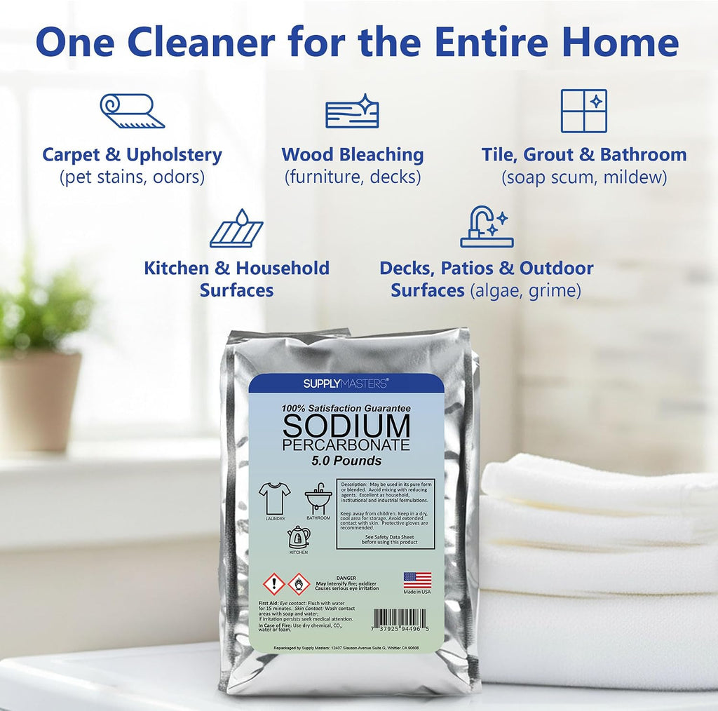 Sodium Percarbonate Powder 5 lbs – Non-Chlorine Oxygen Bleach Alternative & Stain Remover – Multi-Purpose Cleaner for
