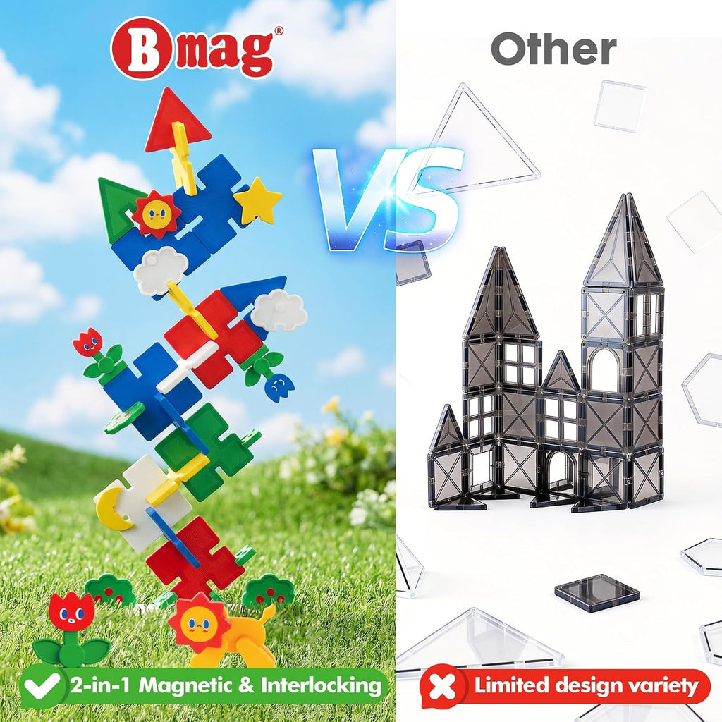 Magnetic Tiles 58PCS,Groove Interlocking Design Magnet Building Blocks with Lion, Sun,Cloud & Grass,STEM Toys for