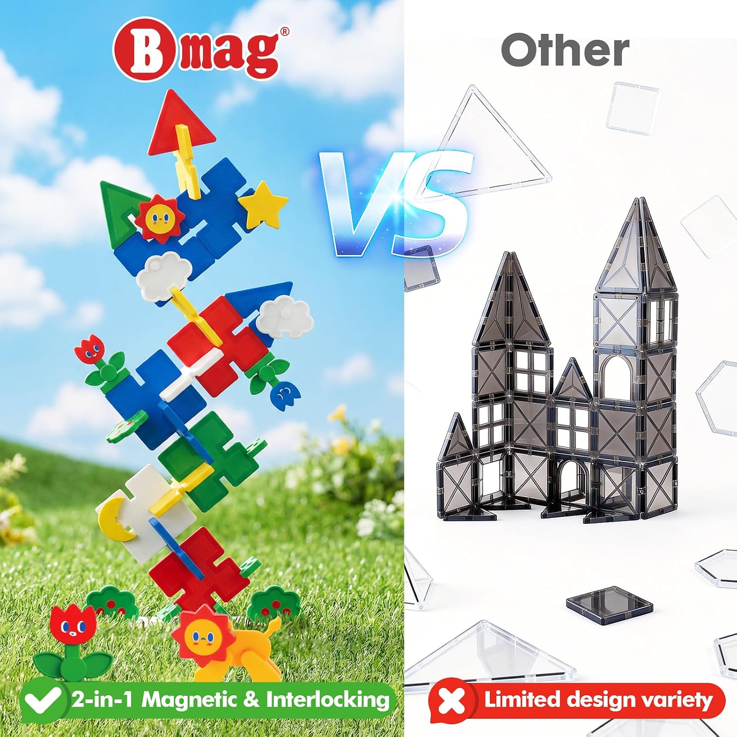 Magnetic Tiles 58PCS,Groove Interlocking Design Magnet Building Blocks with Lion, Sun,Cloud & Grass,STEM Toys for